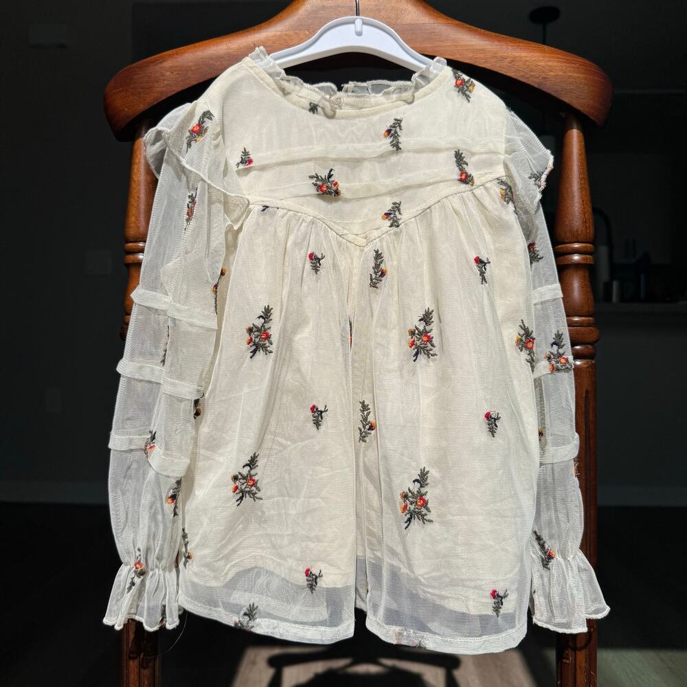 Zara Girls Embroidered Mesh Blouse Size 6 (116) Ivory Floral Tiered Sleeve Sheer